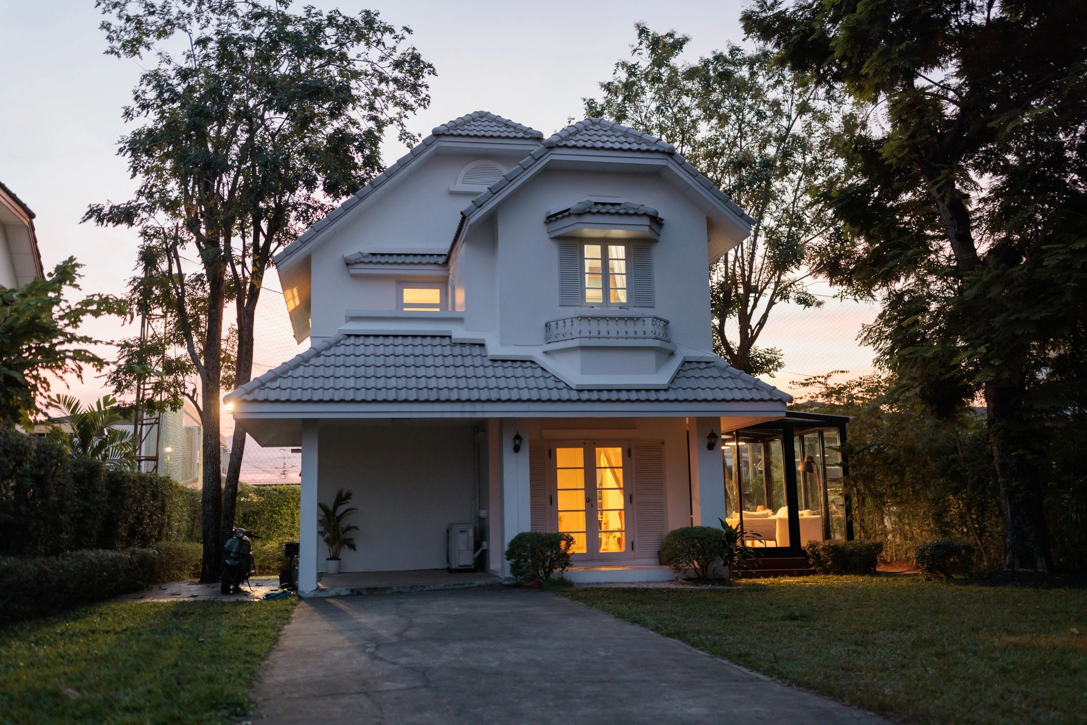 Exterior of the luxury vacation rental at dusk