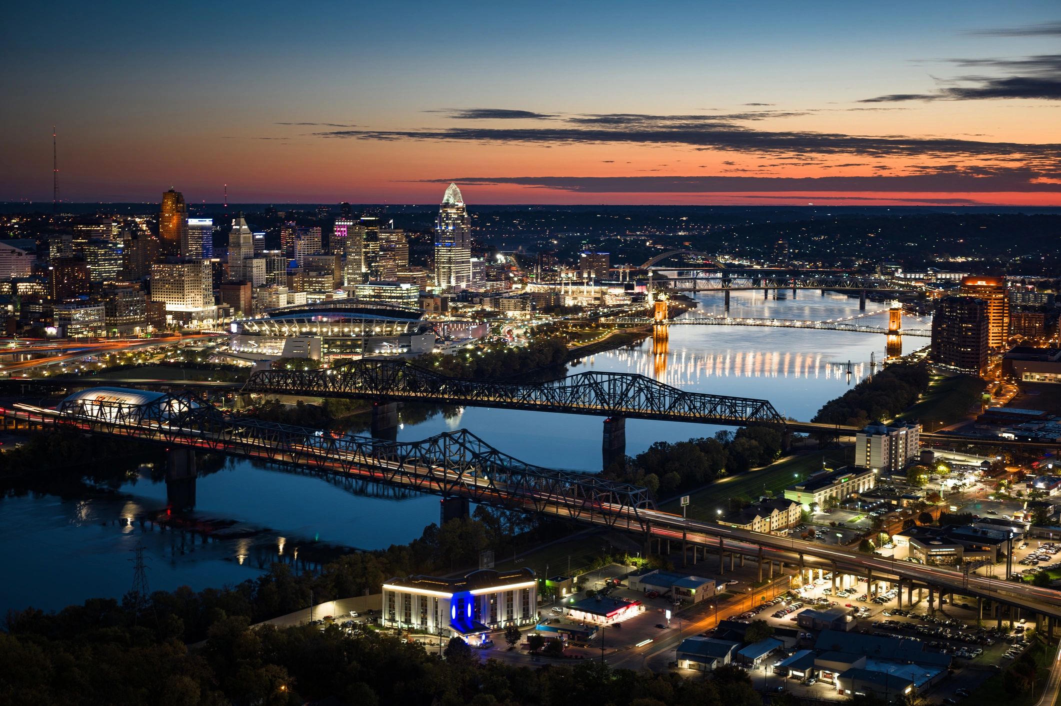 Twilight aerial view of downtown Cincinnati skyline