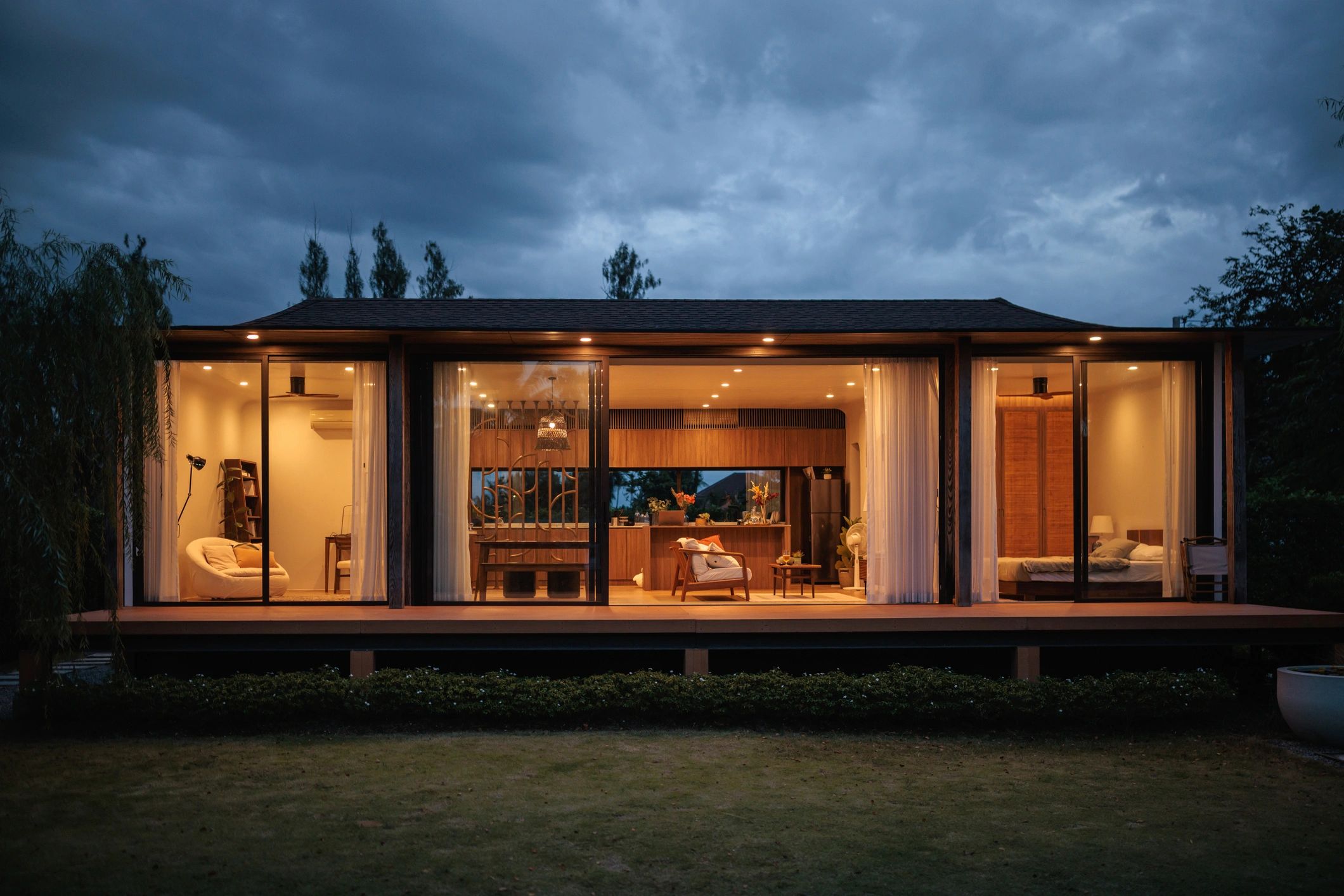 Upscale residential home exterior at dusk